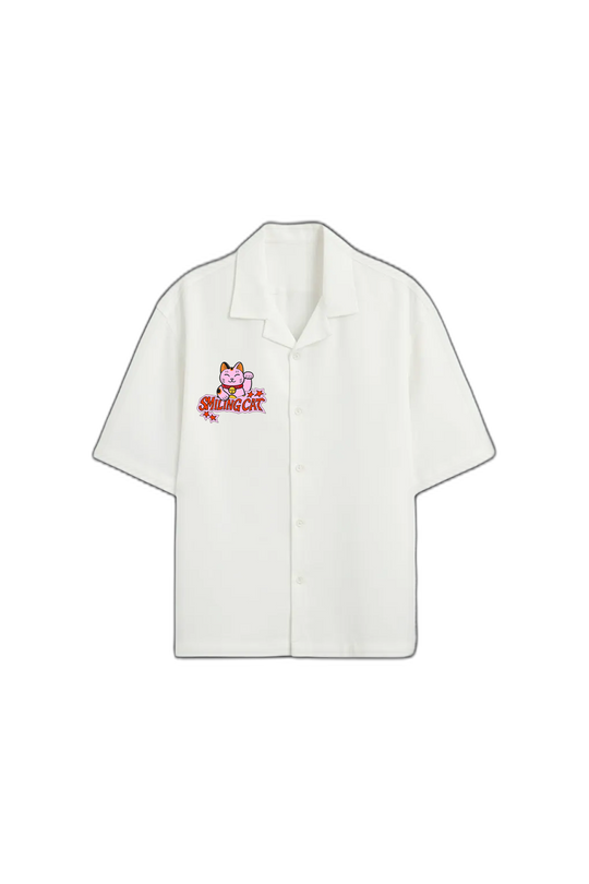 Smiling Cat- Eyes Don_t Lie Bowling Shirt(White)