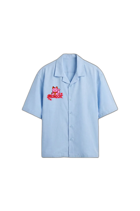 Smiling Cat- Karma Bowling Shirt (Light Blue)