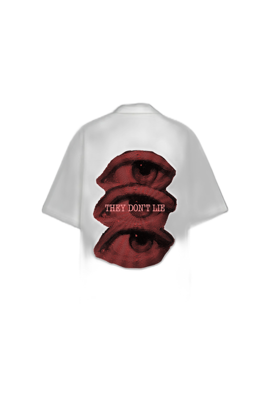 Smiling Cat- Eyes Don_t Lie Bowling Shirt(White)