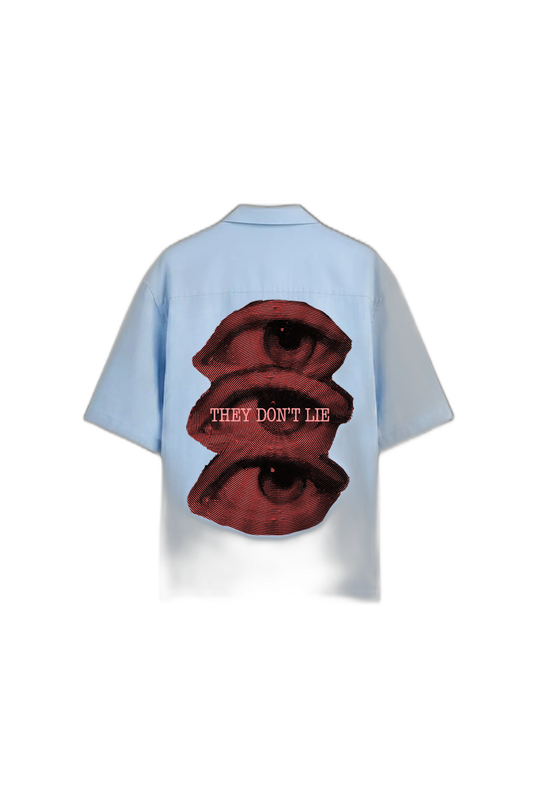 Smiling Cat- Eyes Don_t Lie Bowling Shirt(Light Blue)