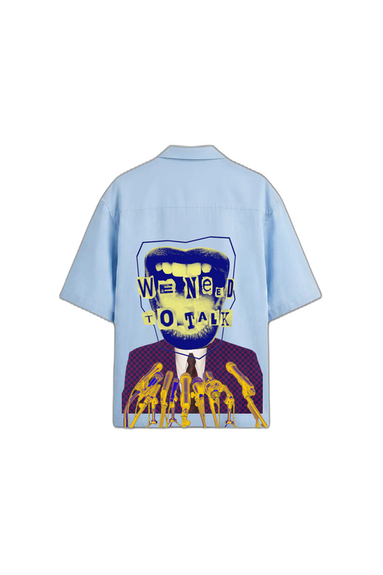 Smiling Cat-We Need to Talk Bowling Shirt (Light Blue)