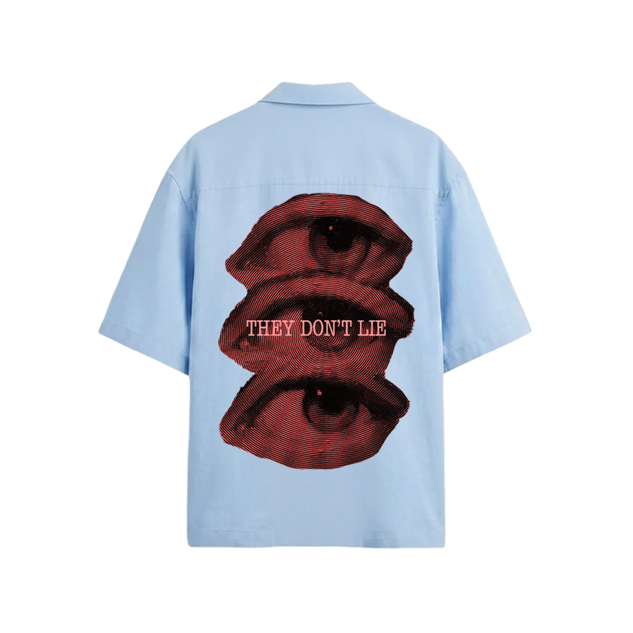 Smiling Cat- Eyes Don_t Lie Bowling Shirt(Light Blue)
