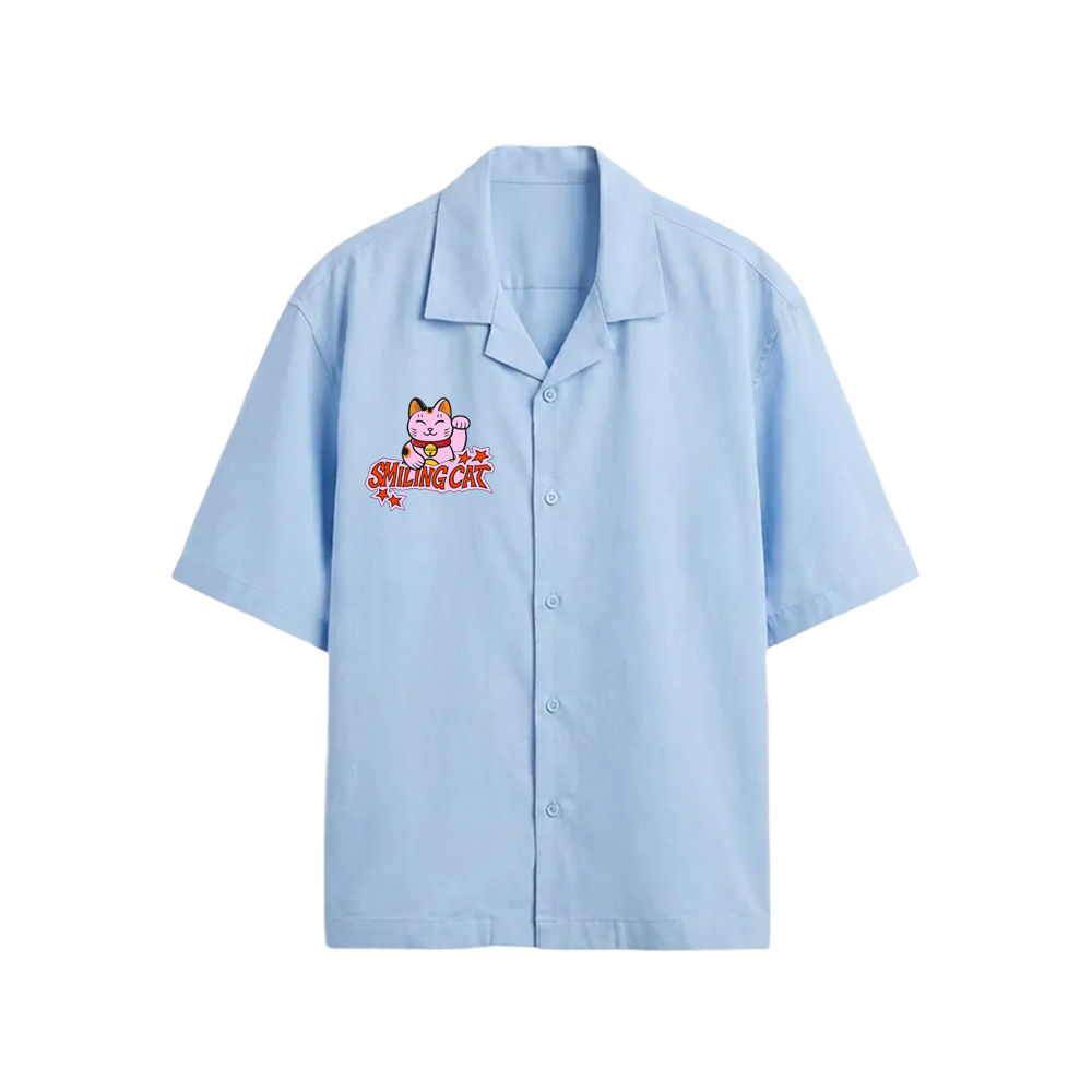 Smiling Cat- Eyes Don_t Lie Bowling Shirt(Light Blue)
