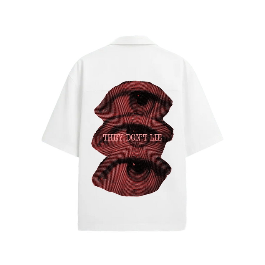 Smiling Cat- Eyes Don_t Lie Bowling Shirt(White)