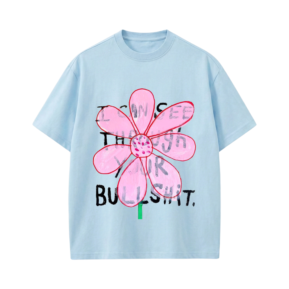 Smiling Cat- I Can See Through Your Bullshit Tshirt(Light Blue)