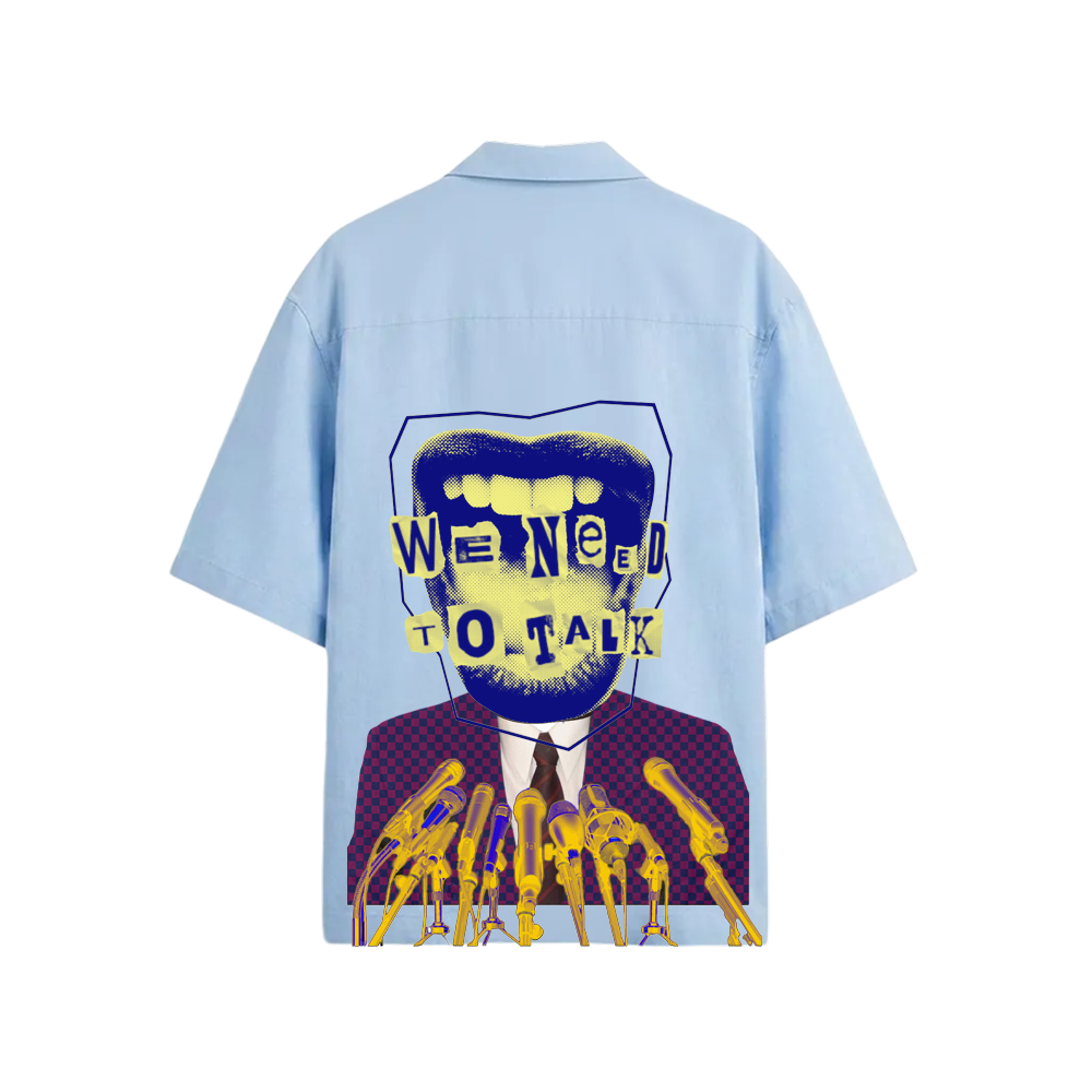 Smiling Cat-We Need To Talk Bowling Shirt (Light Blue)