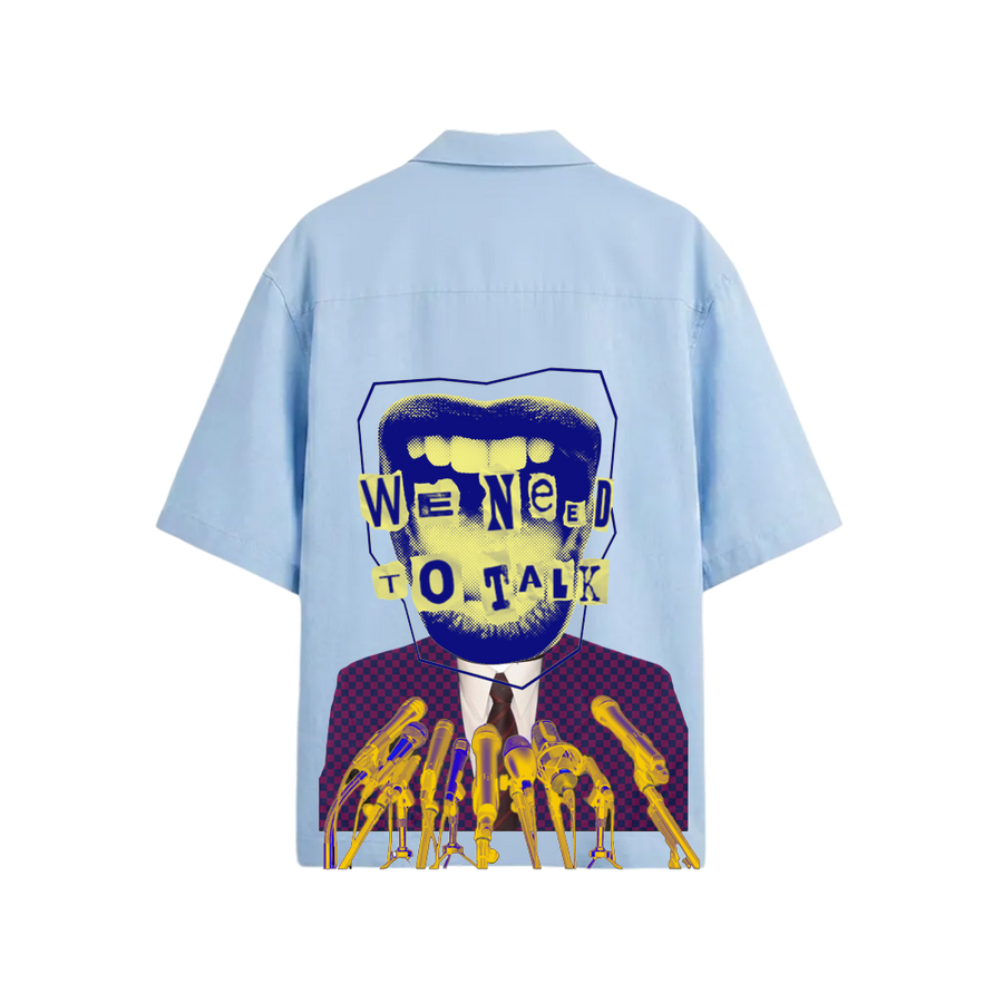 Smiling Cat-We Need To Talk Bowling Shirt (Light Blue)