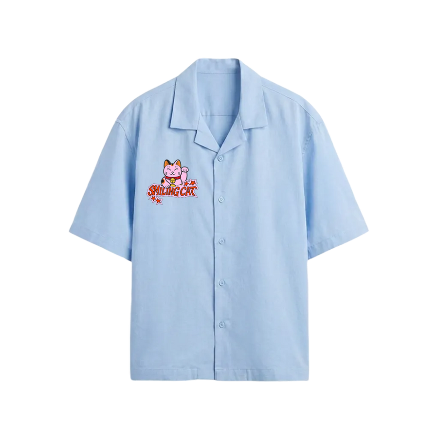Smiling Cat-We Need To Talk Bowling Shirt (Light Blue)
