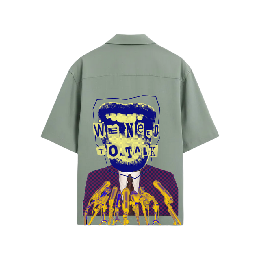 Smiling Cat-We Need To Talk Bowling Shirt (Sage Green)