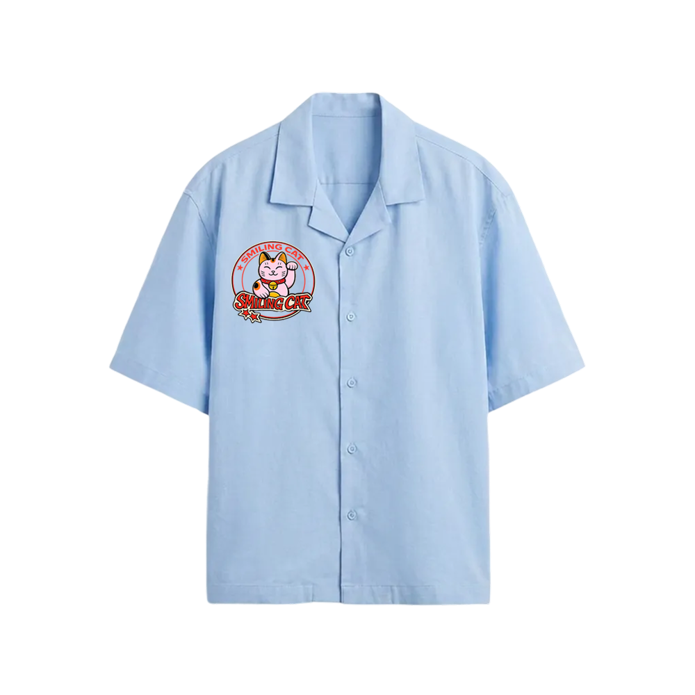 Smiling Cat- statue Of Smiling Cat Bowling Shirt(Light Blue)